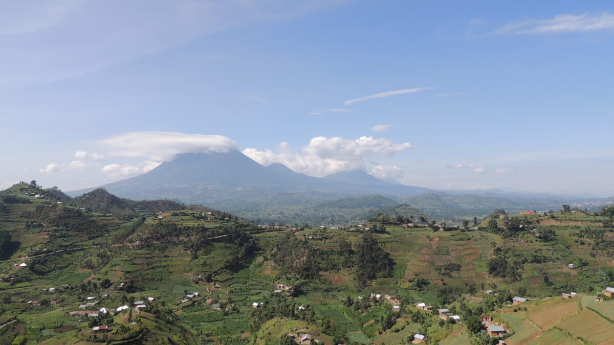 Panoramic view of the three Virunga Volcanoes—Muhabura, Mgahinga, and Sabinyo—as seen from Rushaga sector in Bwindi Impenetrable National Park, Uganda