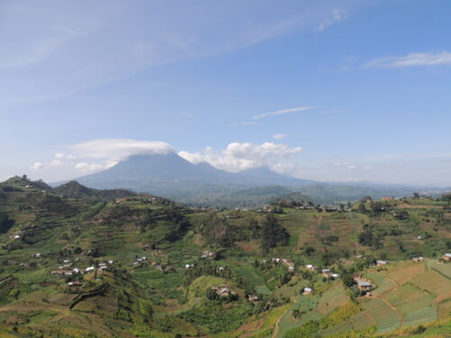 Stunning view of the Virunga Mountain Ranges as seen from southwestern Uganda, showcasing terraced hills and rural landscapes beneath a clear blue sky